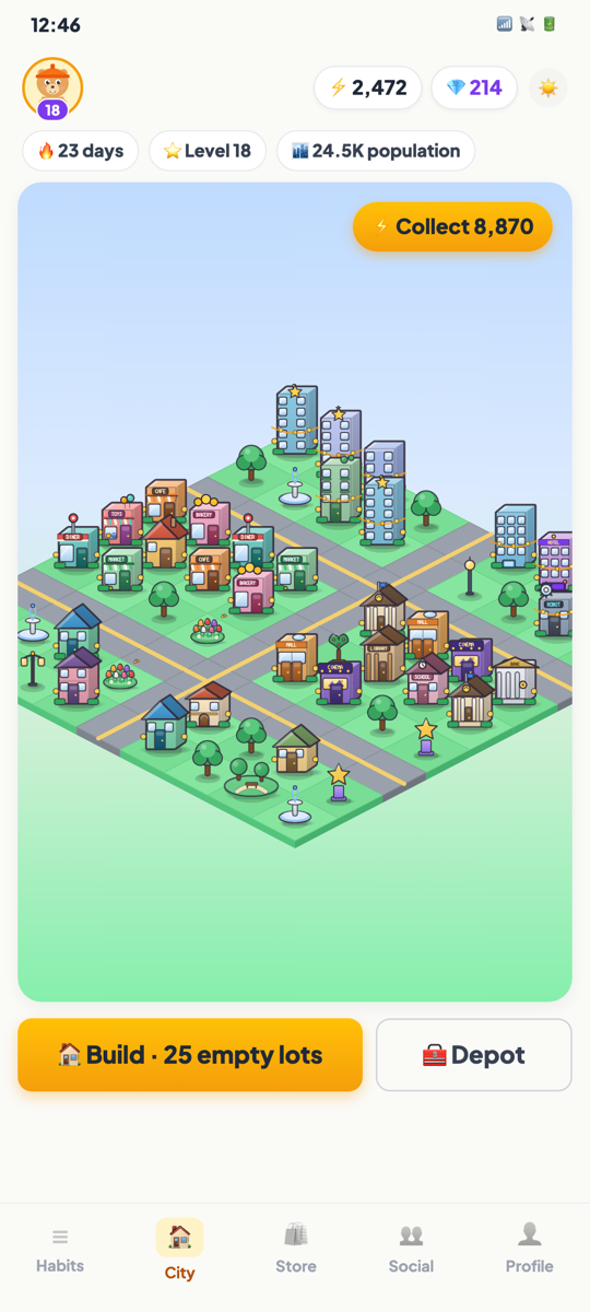 StreakTown city screen with buildings and collect button