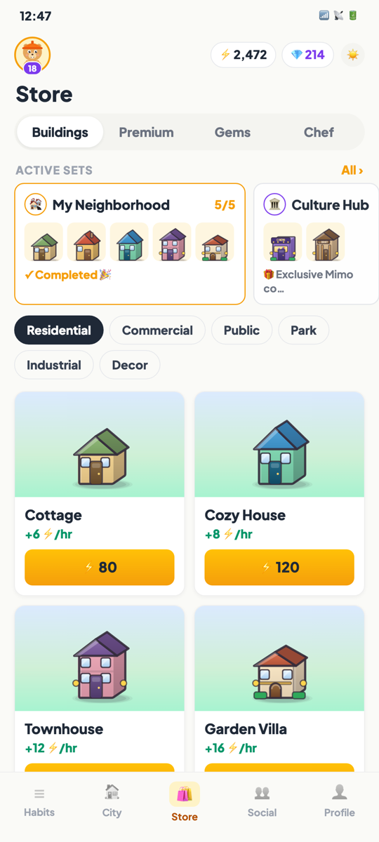Store screen with buildings to unlock